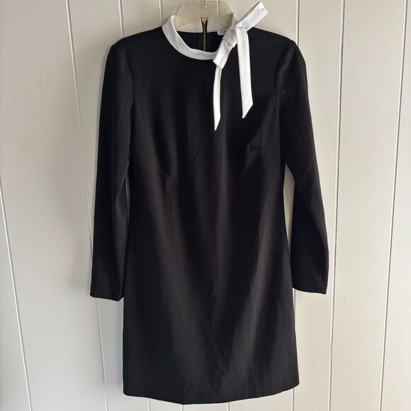 Calvin Klein Black Shift Dress Size 8 – Elegant Contrast Tie Neck Cocktail Dress - Picture 2 of 8
